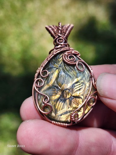 Hand-Carved Labradorite Flower Pendant with Antique Copper