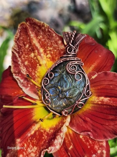 Hand-Carved Labradorite Flower Pendant with Antique Copper