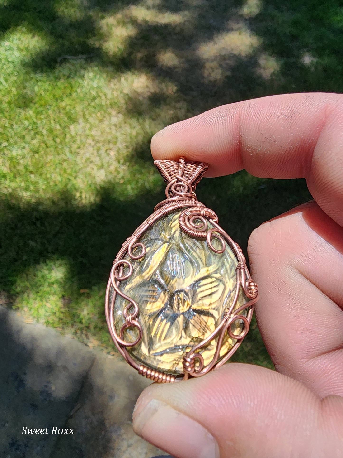 Hand-Carved Labradorite Flower Pendant with Antique Copper