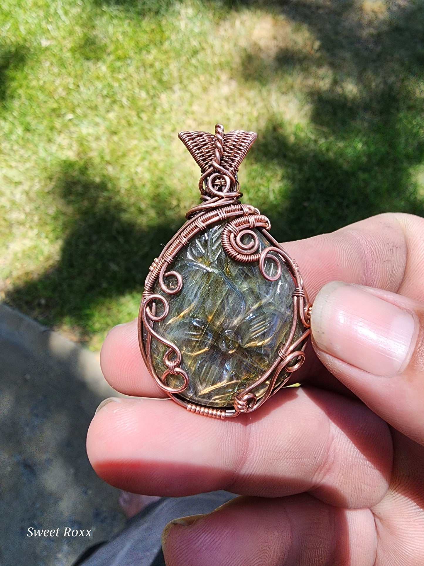 Hand-Carved Labradorite Flower Pendant with Antique Copper