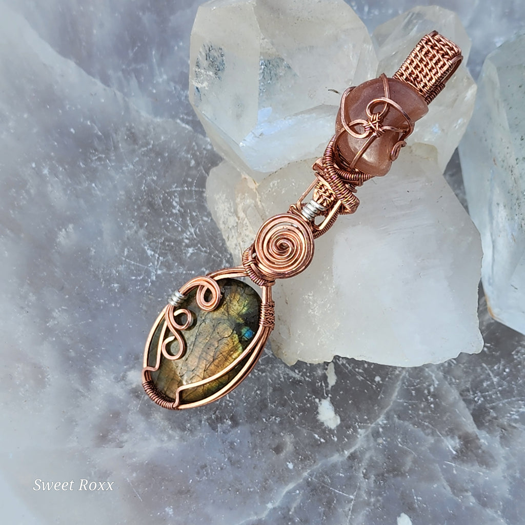 Peach Aventurine & Golden Labradorite Hand-Wrapped Pendant