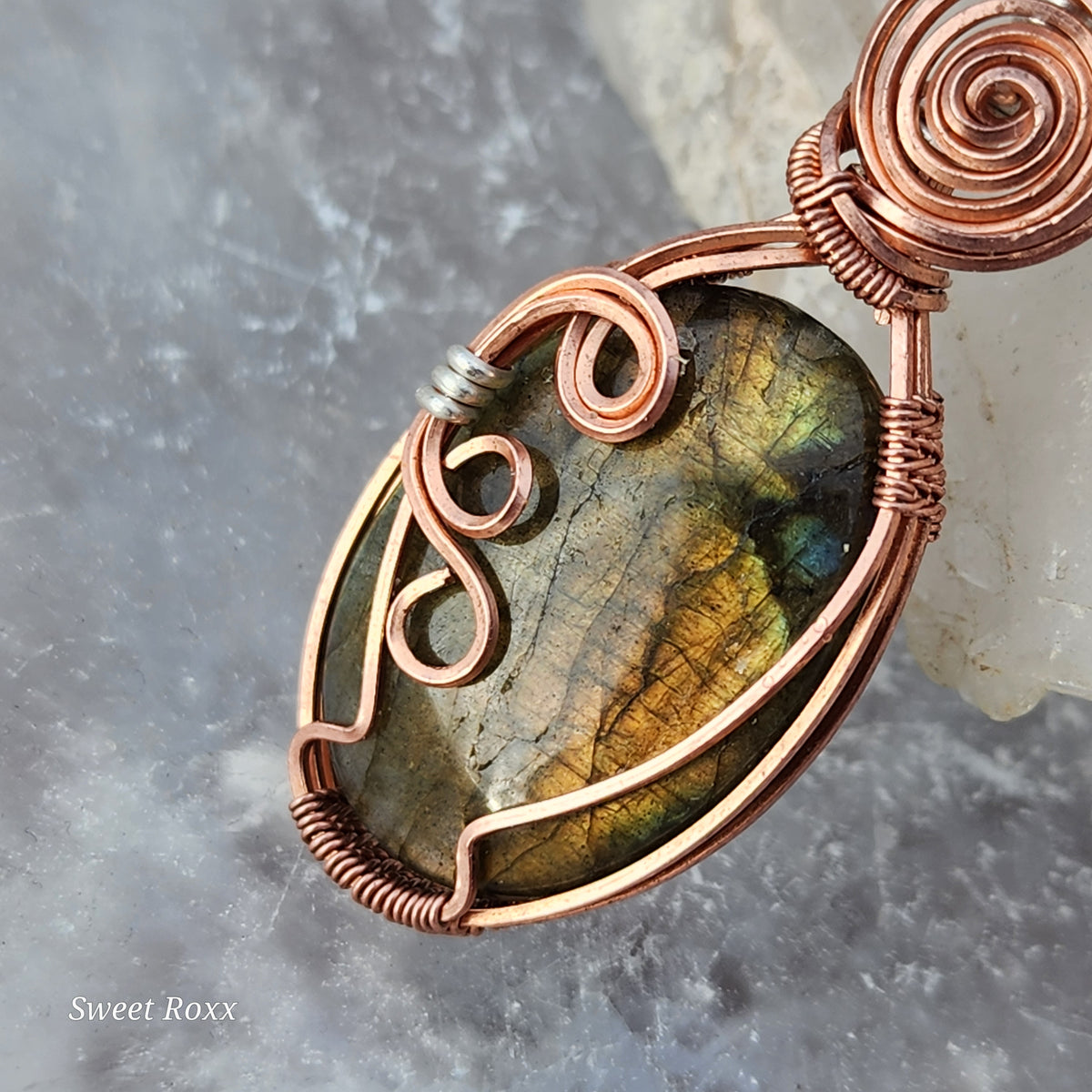 Peach Aventurine & Golden Labradorite Hand-Wrapped Pendant