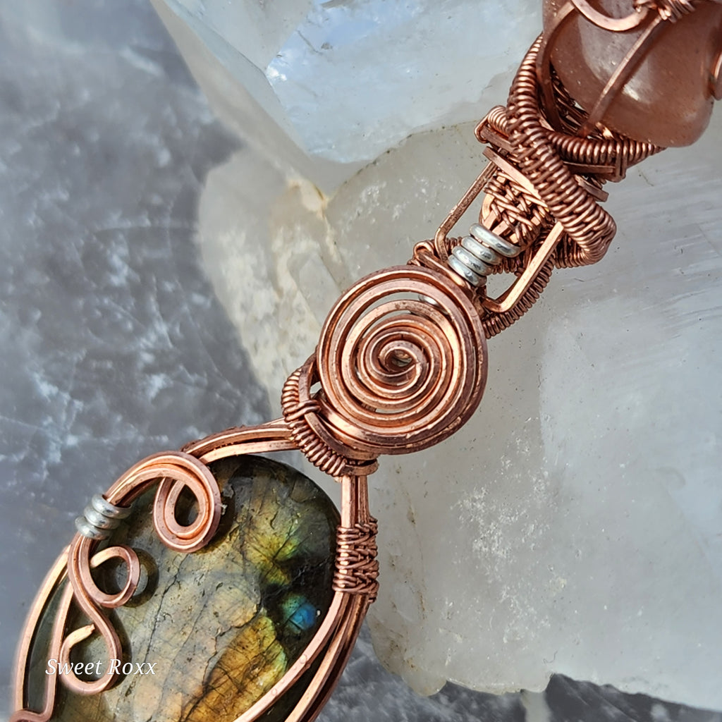 Peach Aventurine & Golden Labradorite Hand-Wrapped Pendant
