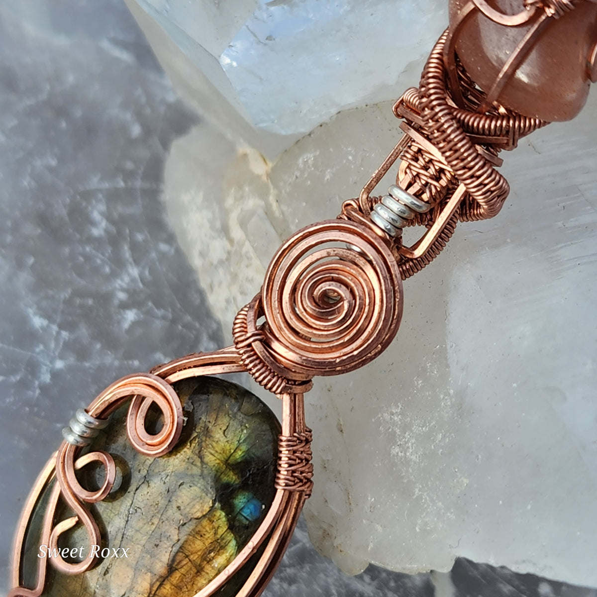 Peach Aventurine & Golden Labradorite Hand-Wrapped Pendant