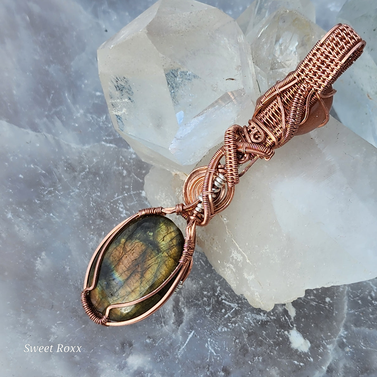 Peach Aventurine & Golden Labradorite Hand-Wrapped Pendant