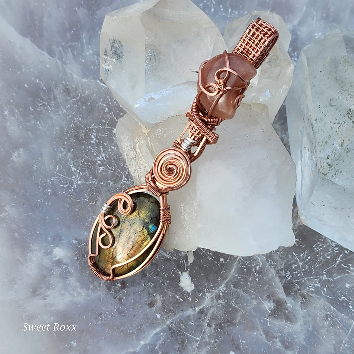 Peach Aventurine & Golden Labradorite Hand-Wrapped Pendant