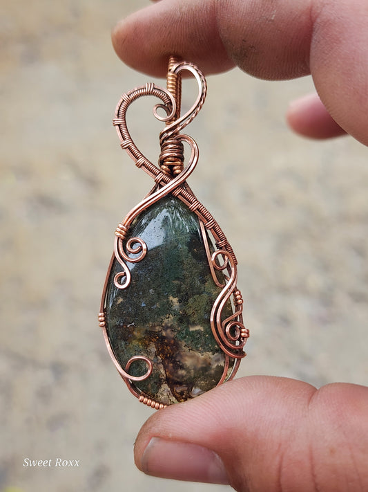 Moss Agate Pendant with Antique Copper