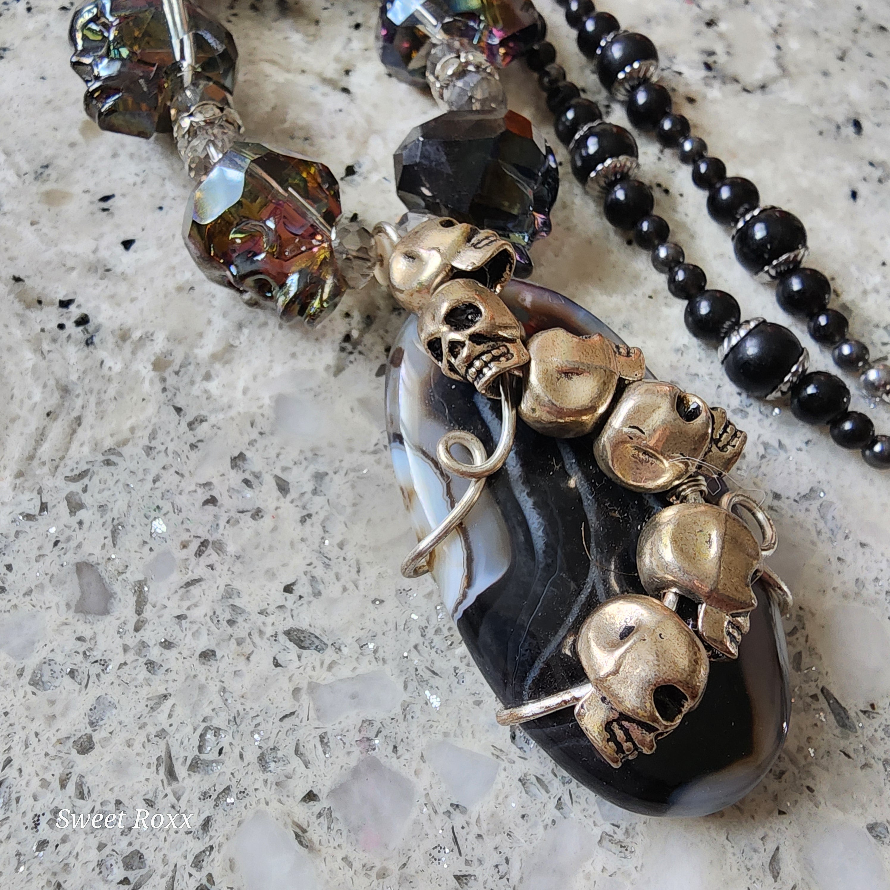 Black Agate Talisman with Obsidian Beaded Necklace.