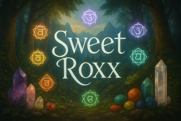 mystical "Sweet Roxx" banner with crystals and stones in a forest scene, in the mountains, with sacred geometry of the 7 chakras.  