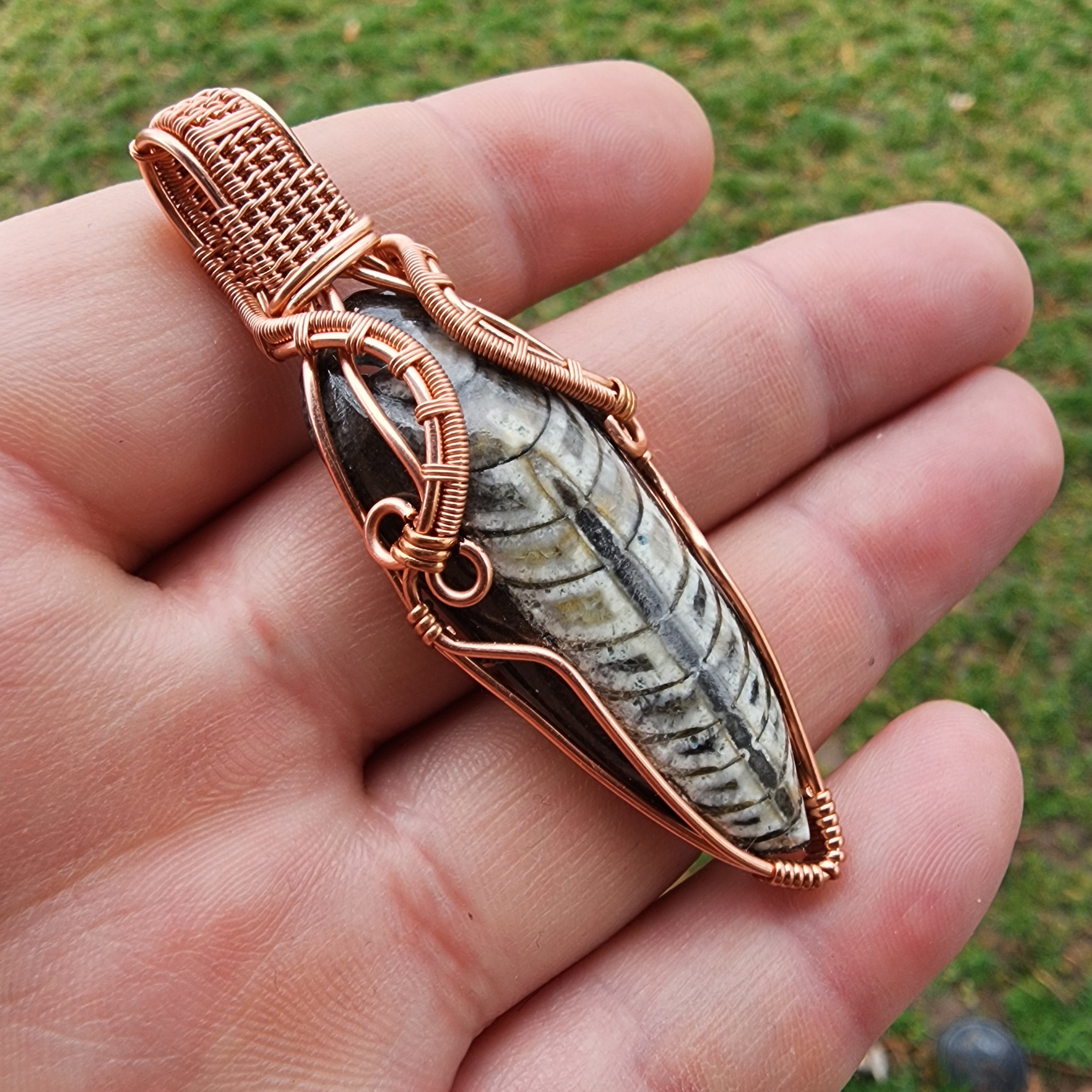 Orthoceras Fossil Pendant in Vintage Copper