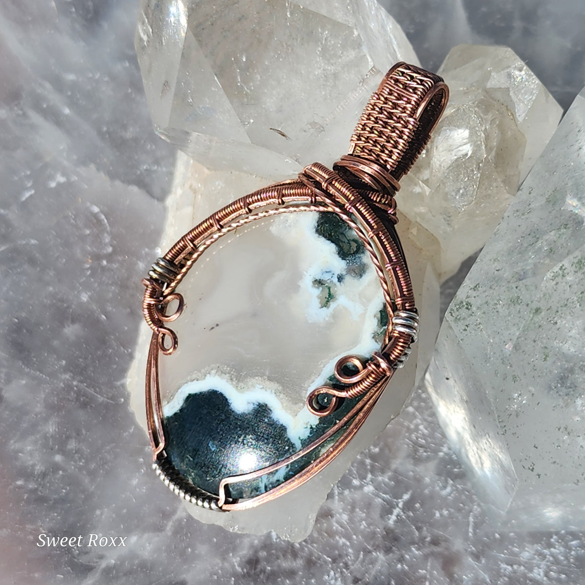 Moss Agate Handcrafted Copper Wire-Wrapped Pendant
