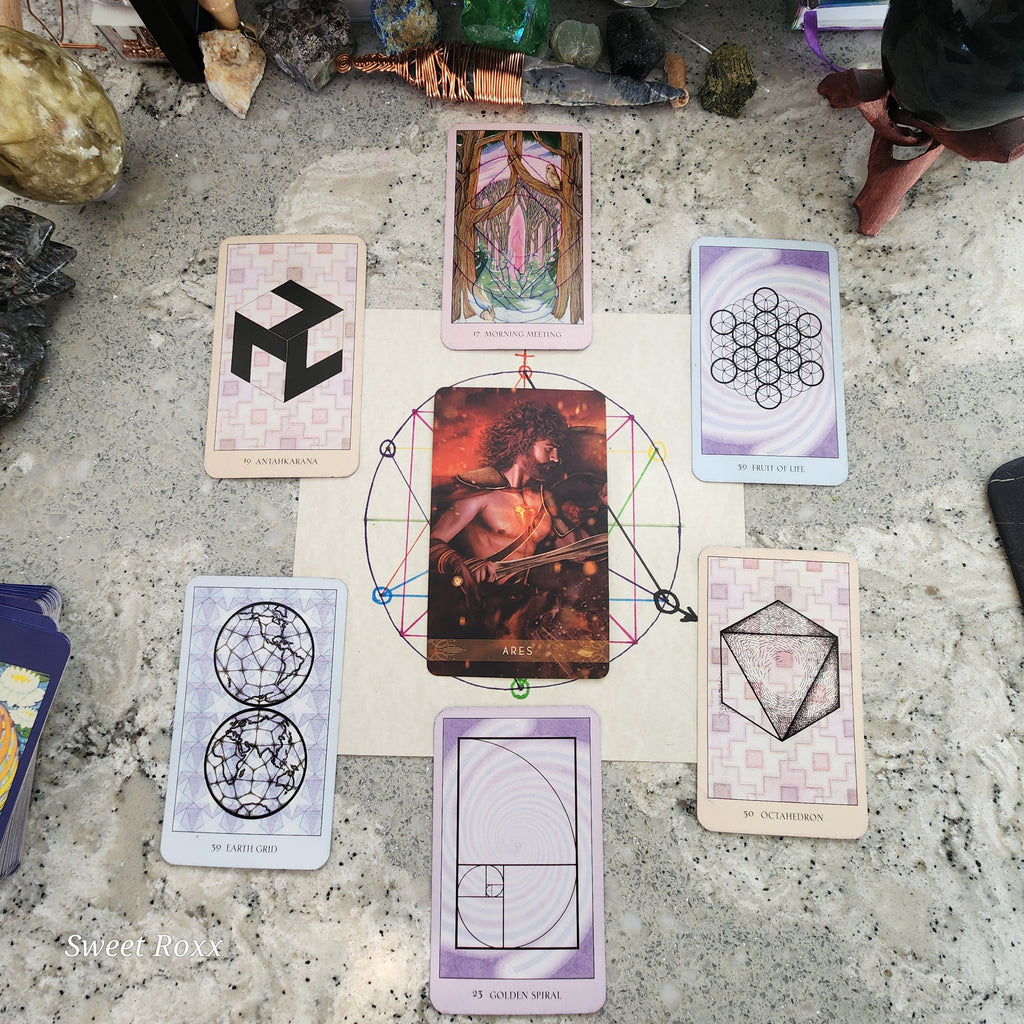 Planting a seed for your spiritual growth, This example shows the Divine Masculine healing oracle planted as the Seed of Life. Starting at 4 'o clock, germination, we go clock around to 2 o' clock. This sequence from my Sacred Geometry Oracle starts with the seed (middle), germination (4 o' clock), growth (6 o'clock), challenge (8 o' clock), strength (10 o' clock), flower of life (12 o' clock), and lastly, fruit of life (2 o' clock).