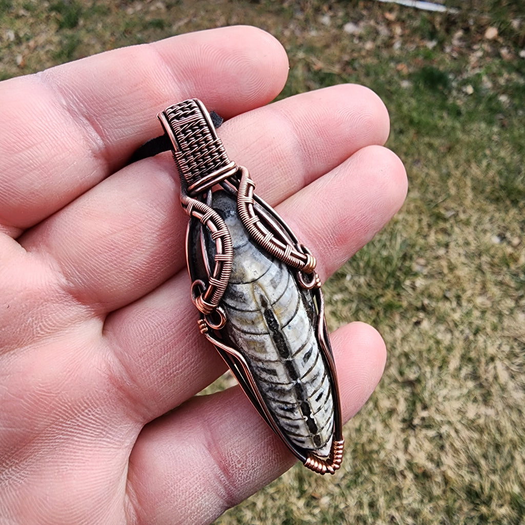 Orthoceras Fossil Pendant in Vintage Copper