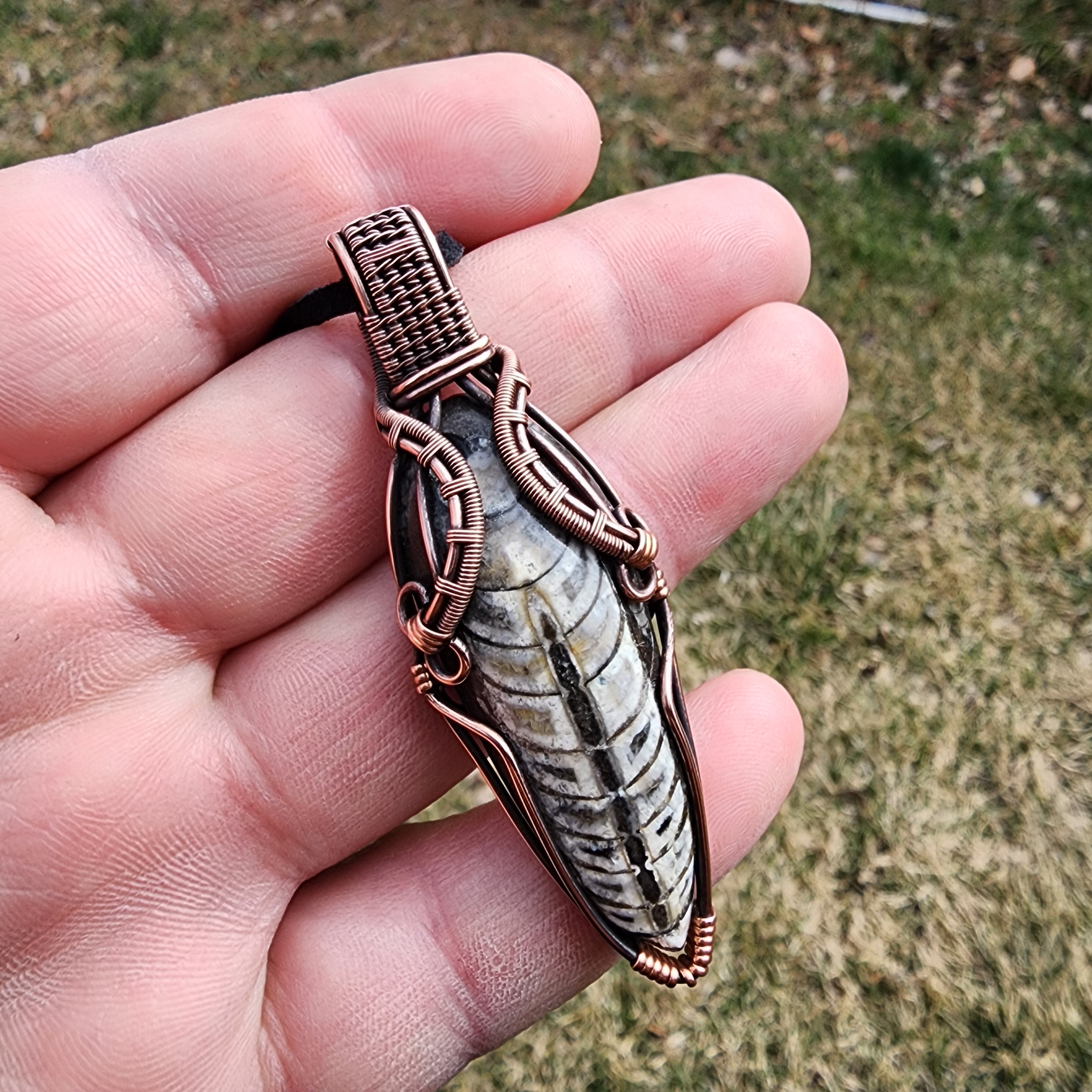 Orthoceras Fossil Pendant in Vintage Copper