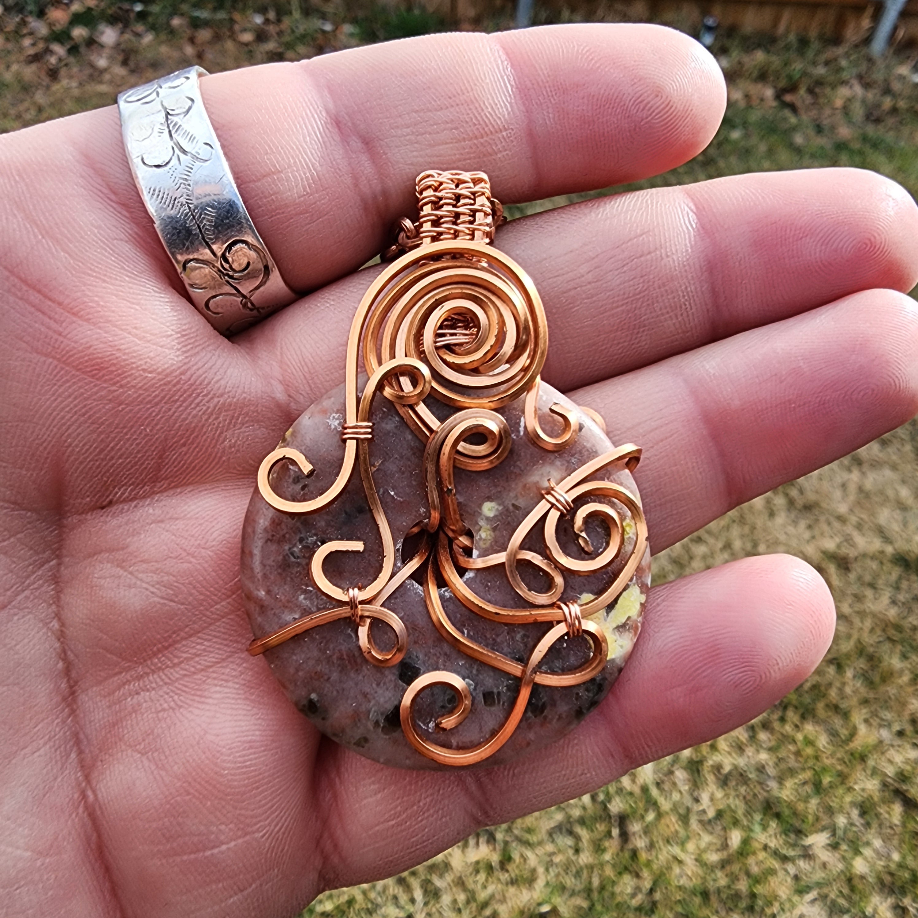 Pink Granite Doughnut Medallion Wrapped in Copper