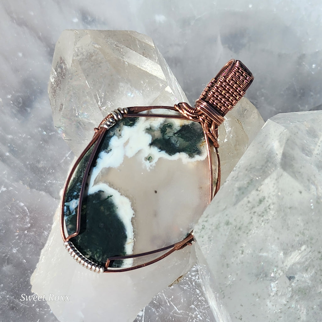 Moss Agate Handcrafted Copper Wire-Wrapped Pendant