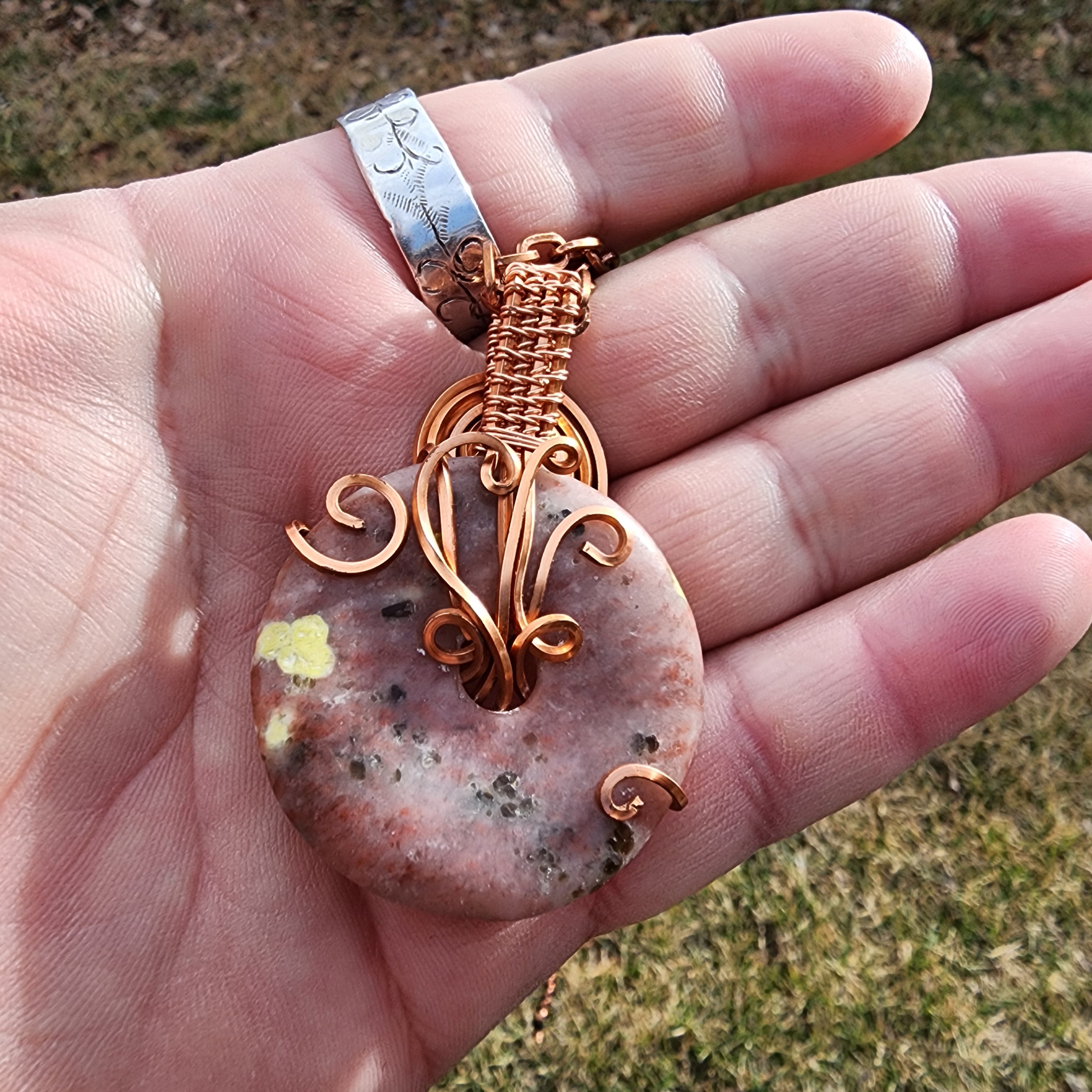 Pink Granite Doughnut Medallion Wrapped in Copper