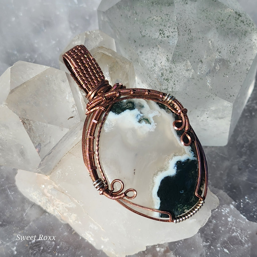 Moss Agate Handcrafted Copper Wire-Wrapped Pendant