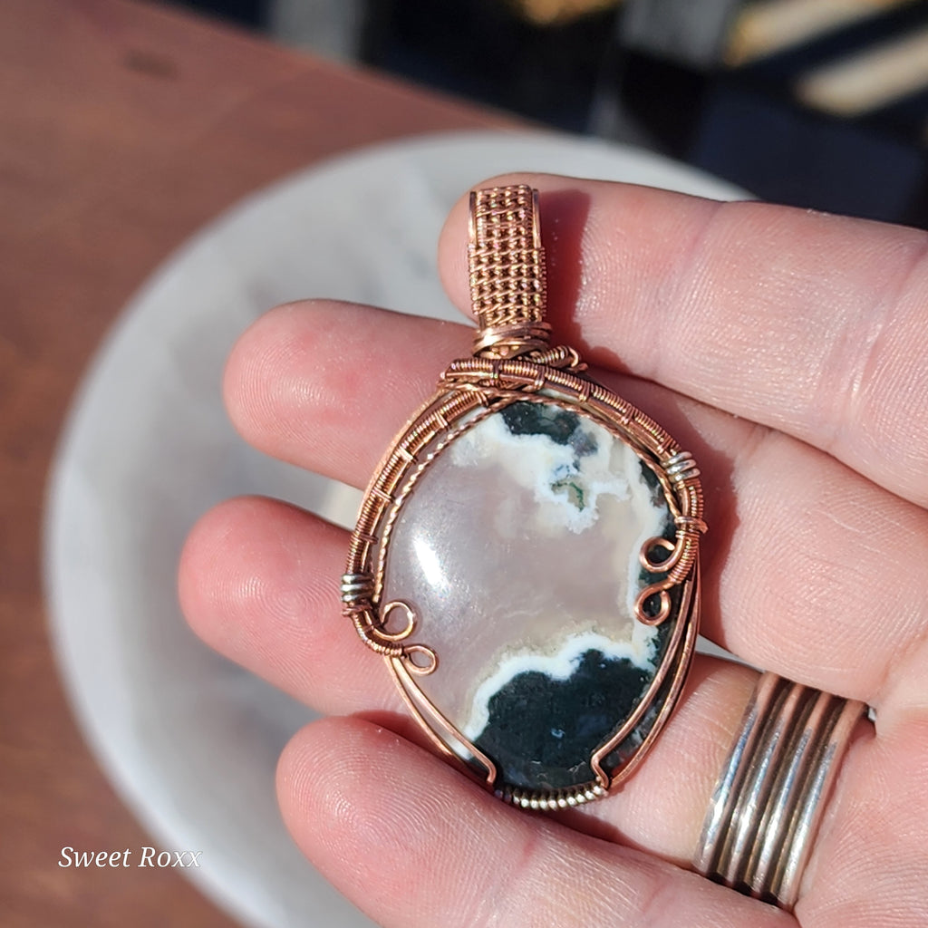 Moss Agate Handcrafted Copper Wire-Wrapped Pendant