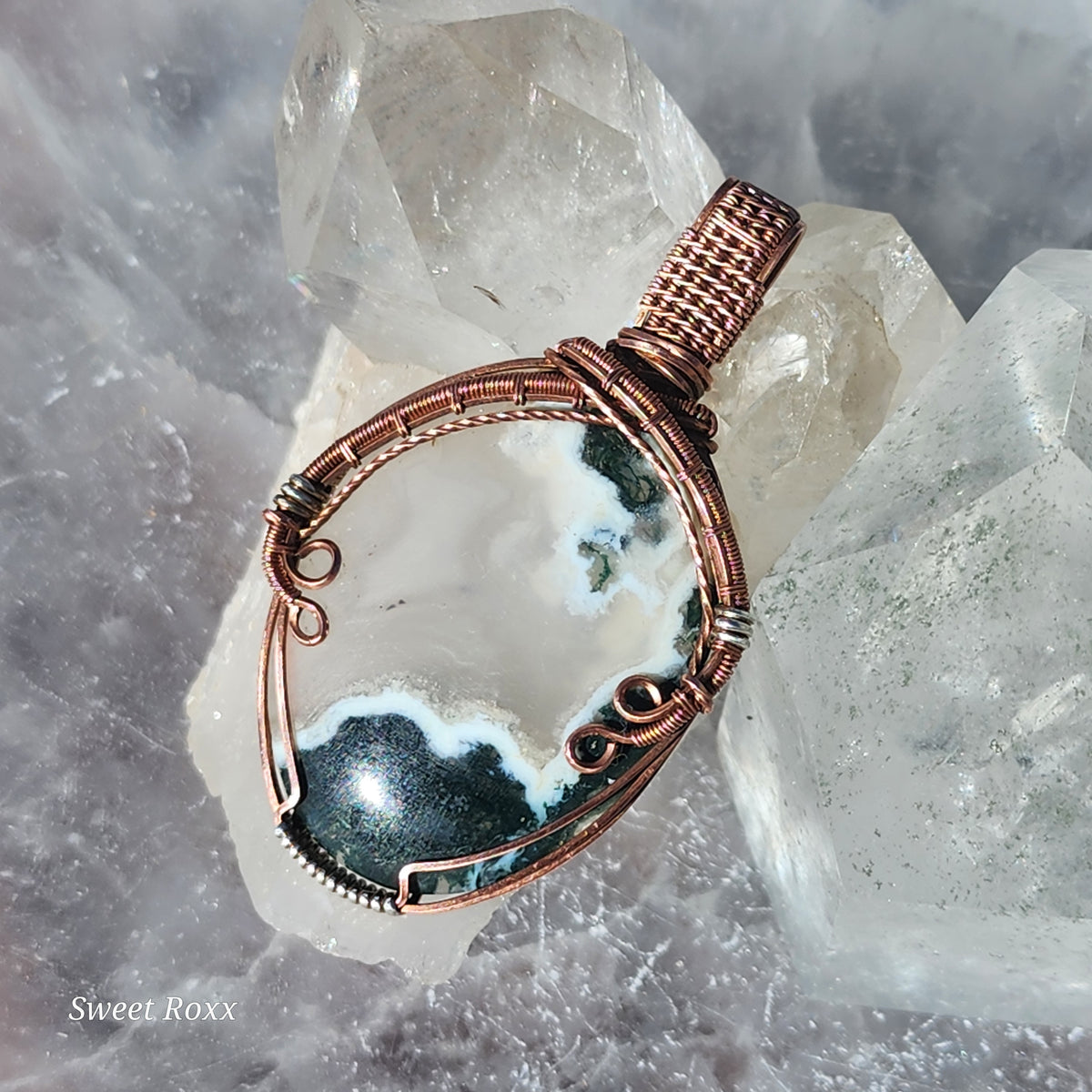 Moss Agate Handcrafted Copper Wire-Wrapped Pendant